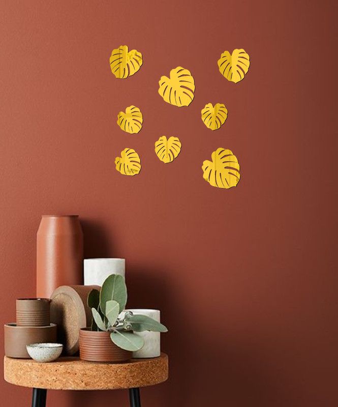 Aalam Designs 45.72 cm golden acrylic decorative leaves mirror wall sticker Self Adhesive Sticker  (Pack of 1)