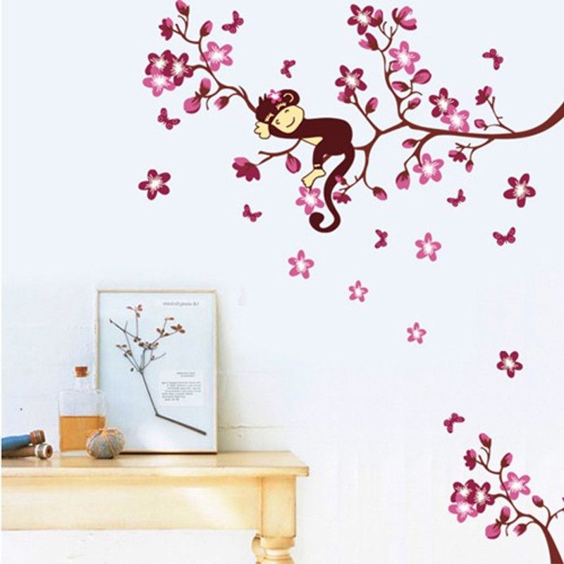Asmi Collections 70 cm Pink Branches Monkey Removable Sticker  (Pack of 1)