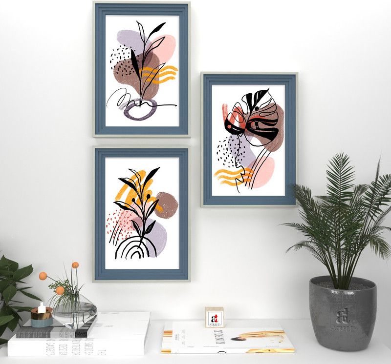 Painting Mantra Set of 3 Black Leaves Petals Blue Framed Art Prints for Wall Décor Digital Reprint 14 inch x 10 inch Painting  (With Frame, Pack of 3)