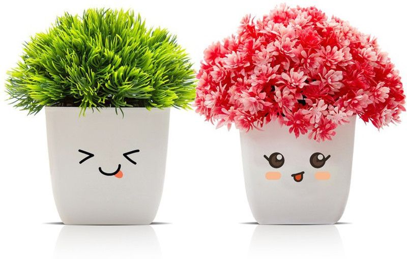 Amputive Amputive Fake Plant Cute Bushy Shrub Topiary Shrub with Lovely Face Pots for Home/Office Decoration-Set of 2-AQ17 Green, Pink Cherry Blossom Artificial Flower with Pot  (4.7 inch, Pack of 2, Flower Bunch)