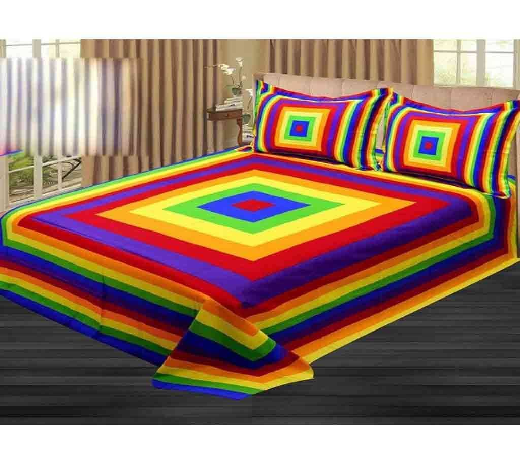 Double Size Cotton Bed Sheet with Matching 2 Pillow Covers - Multicolor Bed-48