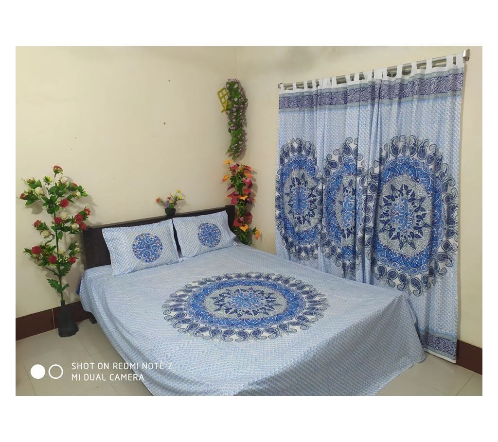 King Size Cotton Multi colors Block Printed Bed Sheet with Matching 2 Pillow Covers-3