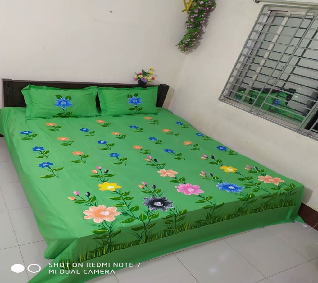 King Size Cotton Multi colors  Hand Printed Bed Sheet with Matching 2 Pillow Covers-5