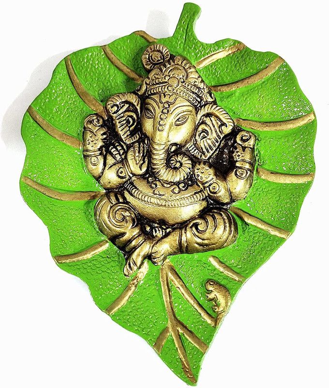 Sawcart Lord Ganesh/Ganpati On Light Green Paan Patta Leaf Decorative Religious Wall Hanging for Home & Office Decor, Feng Shui, Vastu, Sculpture Art Figurine ( Made Of Metal ) Decorative Showpiece - 19 cm  (Metal, Light Green, Gold)