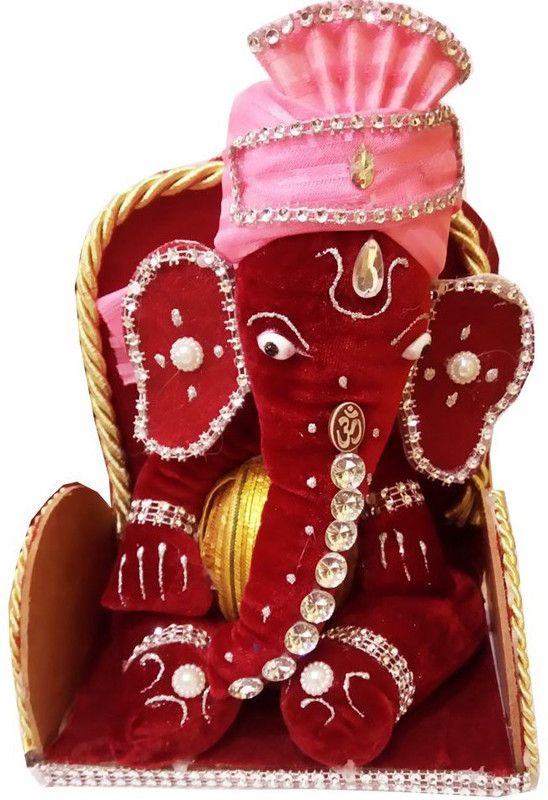 salvusappsolutions Beautifully Handmade Decorative Velvet Lord Nariyal/Coconut Pagdi Ganesha for Home Decor Decorative Showpiece - 18 cm  (Polyresin, Red)
