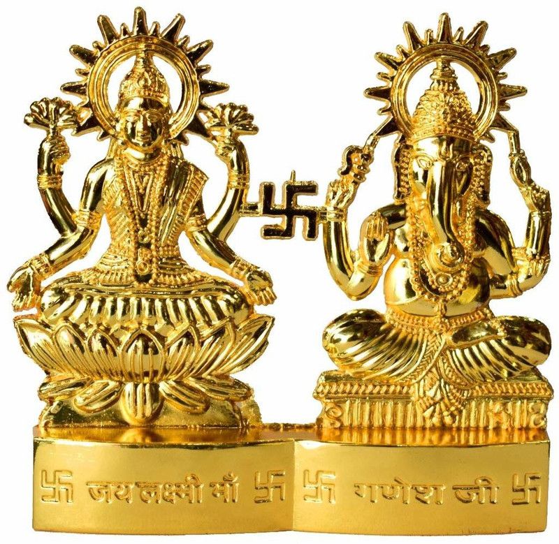 VALUE CRAFTS God Laxmi Ganesh Set Statue Idol Murti In Brass (4X4 Inch) Diwali Gift Decorative Showpiece - 3 cm  (Metal, Gold)