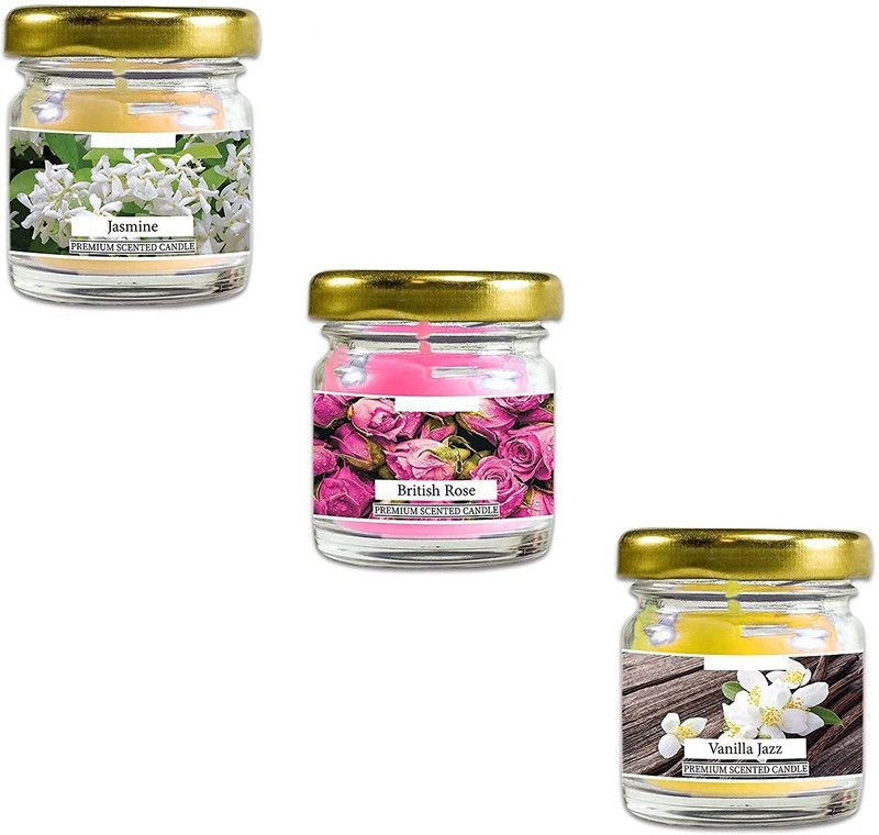 Twixxle IXX®-972-MO-Jasmine,British Rose,Vanilla Jazz Scented Glass Jar Candle Candle  (Multicolor, Pack of 3)