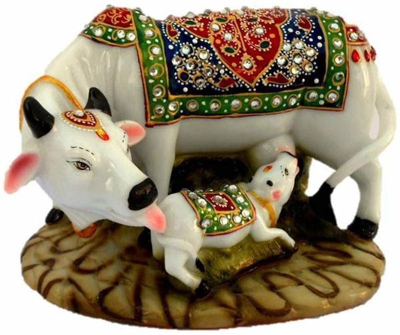MAHADEV Decorative Marble Kamdhenu Cow Calf Statue for Home Office Decor Decorative Showpiece - 9 cm  (Metal, Polyresin, Multicolor)