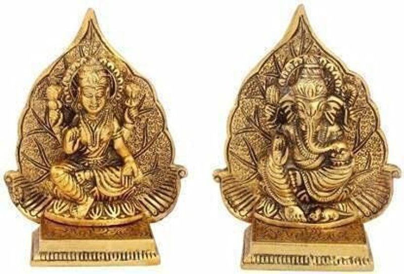 Sawcart Lakshmi Ganesh Idols Made of Metal Laxmi Ganesha Paan Ptta Leaf Statue Traditional Figurine for Home Office Temple Puja Decoration Diwali Housewarming Gift ( Metal) Decorative Showpiece - 12 cm  (Metal, Gold)