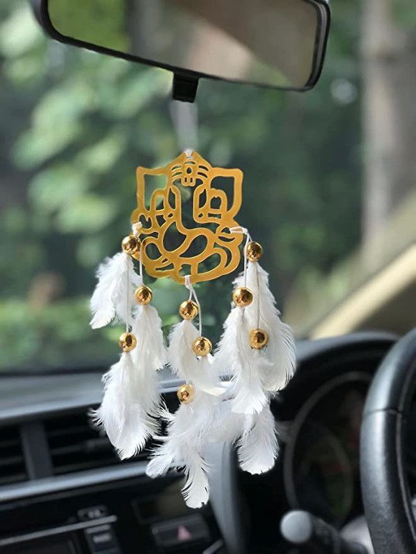Handmade Ganeshji Dreamcatcher Car Hanging Windchime Ganesh Wall Hanging Garden 20 cm Handicraft & Artifact Showpiece  (Feather, White)