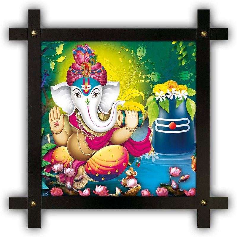 Poster N Frames Cross Wooden Frame Hand-Crafted with photo of Ganeshji (ganpati) m-48-crossframe Digital Reprint 16.5 inch x 16.5 inch Painting  (With Frame)