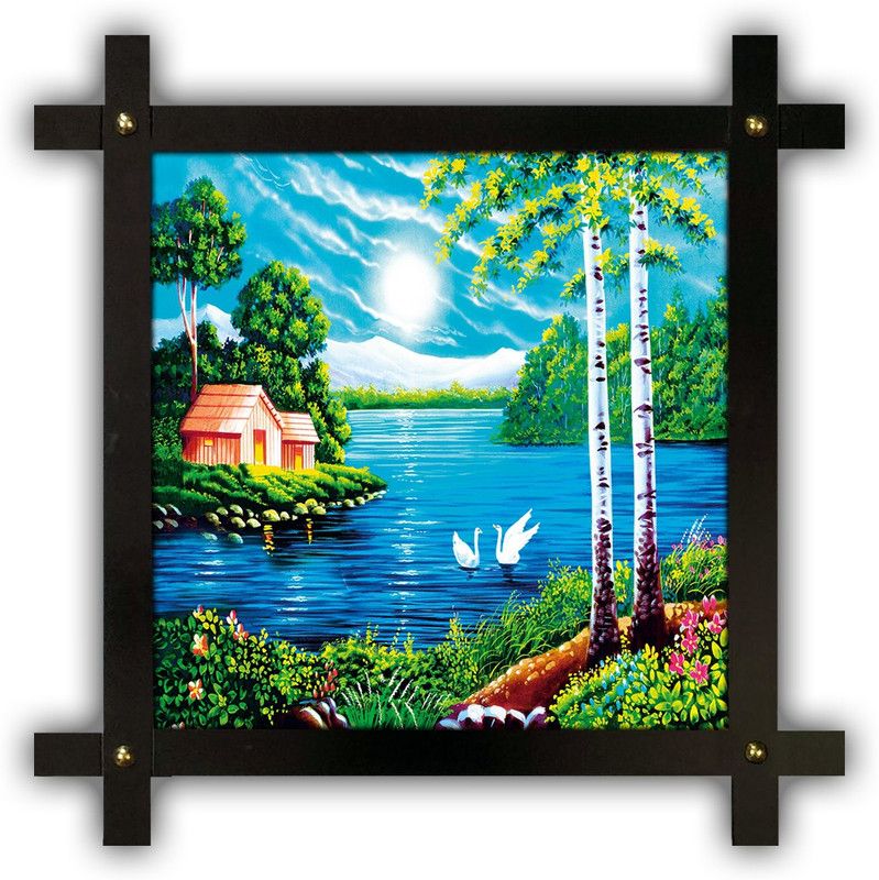 Poster N Frames Cross Wooden Frame Hand-Crafted with photo of Hand Painting Landscape Scenery 16717 Digital Reprint 16.5 inch x 16.5 inch Painting  (With Frame)