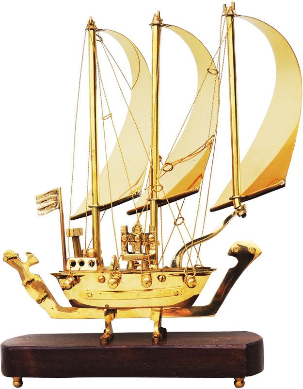 Brass Gift Center Ship Decorative Showpiece - 30 cm  (Feather, Yellow, Brown)
