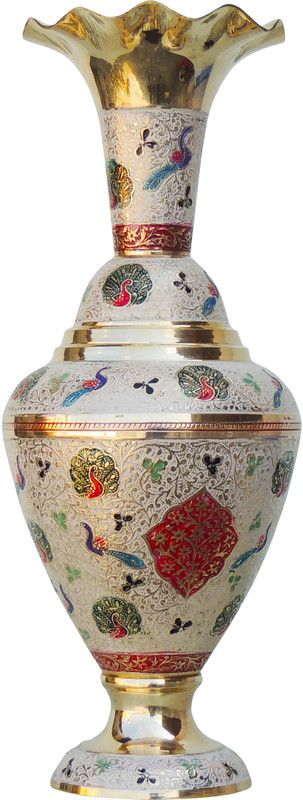 Brass Gift Center Brass Flower pot with Handwork Colour Brass Vase  (15.5 inch, Multicolor)