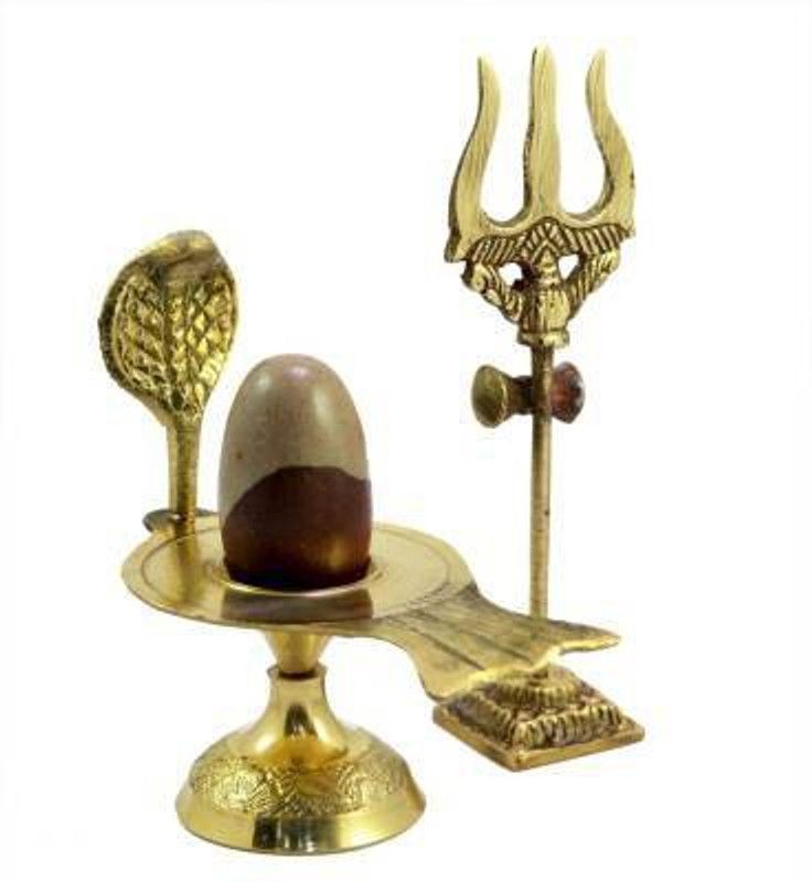 GURU KI KRIPA Narmadeshwar Shiva Ling/Shivling with Brass Jalahari Yoni Stand with Trishul Decorative Showpiece - 7.62 cm  (Brass, Multicolor)