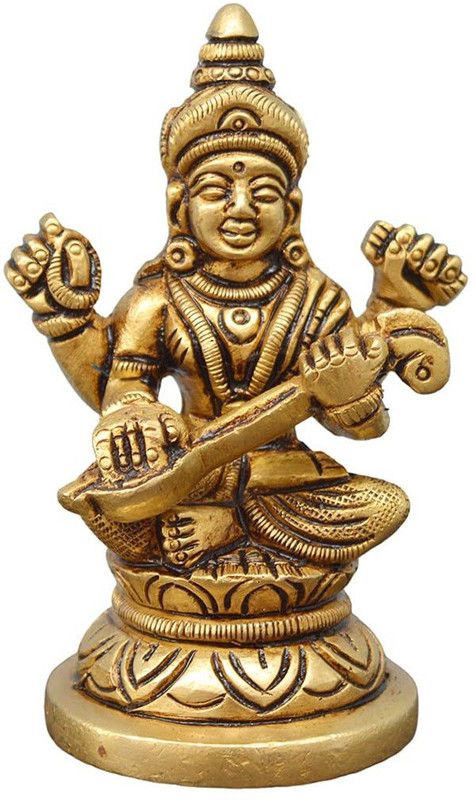 Idolsplace Brass Shree Saraswati Maa Idol Murti Statue Home Office Temple 300gm Decorative Showpiece - 6 cm  (Brass, Gold)