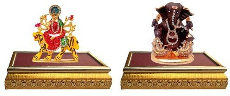 9facts Set of 2 with wooden base Goddess Durga Devi Statue & God Ganesh / Ganpati / Lord Ganesha Idol - Statue Gift item Decorative Showpiece Decorative Showpiece - 9 cm  (Brass, Multicolor)