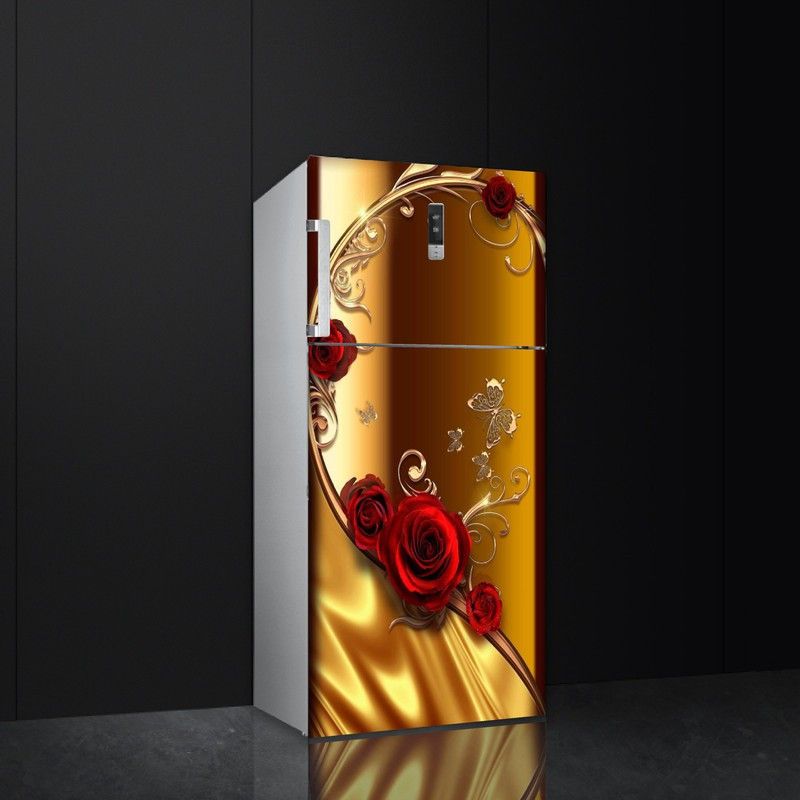 Psychedelic Collection 60 cm Beautifull Red Rose With Butterflies Fridge Sticker Self Adhesive Sticker  (Pack of 1)