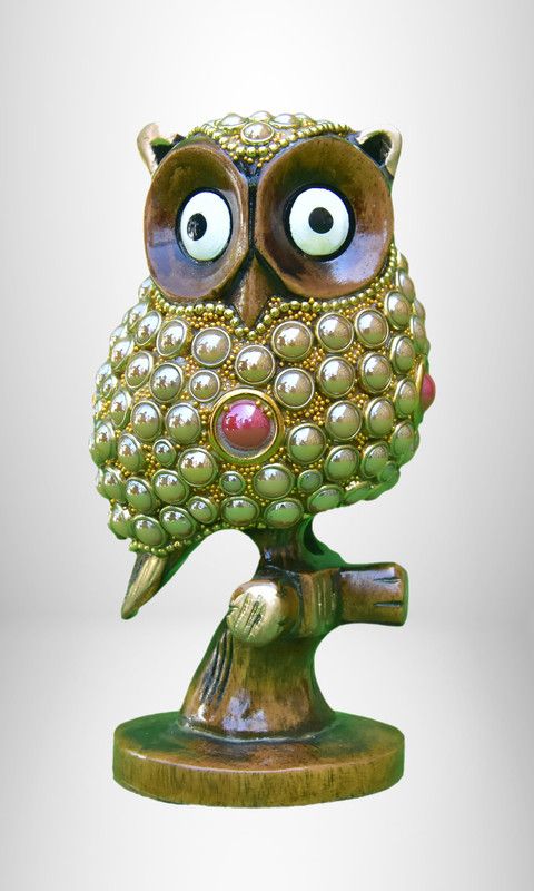 LEEMZON LEEMZON WOODEN OWL SHOWPIECE Decorative Showpiece - 10 cm  (Wood, Gold, Green)