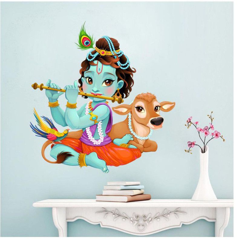 DECOR Production 91.44 cm "Krishna Ji With Cow_Design" Decorative Wall Sticker (24 inch x 36 inch) Self Adhesive Sticker  (Pack of 1)