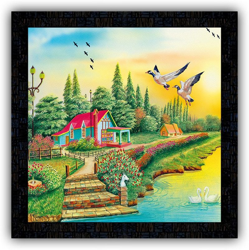 Poster N Frames framed poster of Hand Painted landscape scenery-14809 Digital Reprint 14 inch x 14 inch Painting  (With Frame)
