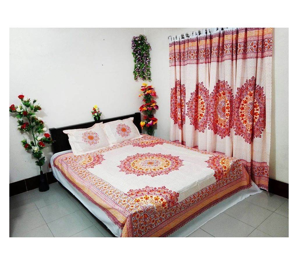 King Size Cotton Multi colors Block Printed Bed Sheet with Matching 2 Pillow Covers-5