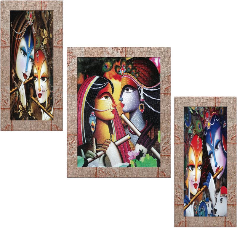 Indianara Set of 3 Radha Krishna Framed Art Painting (1474MR) without glass Digital Reprint 13 inch x 10.2 inch Painting  (With Frame, Pack of 3)