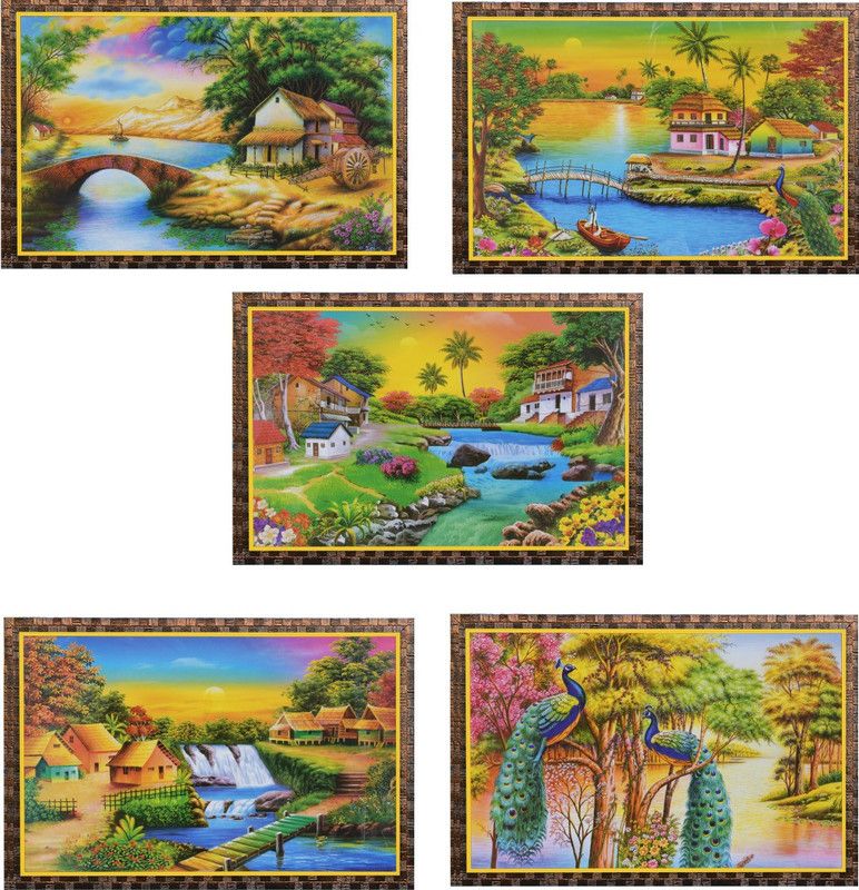 Combo of 5 Beautiful poster | Gloss Laminated Paper Printing | Scenery (Waterfall, river, lake, pond) Wall Poster With Frame| Wall Painting (Wall Poster With Frame Fine Art Print) (12 inch X 18 inch). Paper Print  (12 inch X 18 inch)