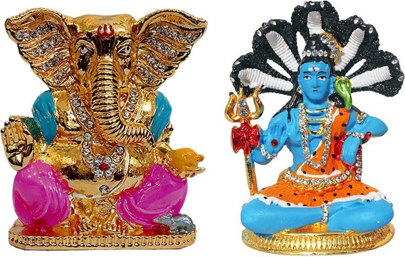 FABZONE Combo Of Ganesha And Shiva Statue For Cardashboard Decorative Showpiece - 8 cm  (Marble, Multicolor)