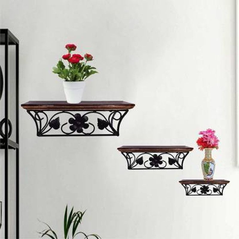 ANB Enterprises wall shelf wooden wrought iron MDF Wall hanging ,floating , mounted , decorative Home ,For :-living room and bedroom & office Wooden, Iron Wall Shelf  (Number of Shelves - 3, Black, Clear)