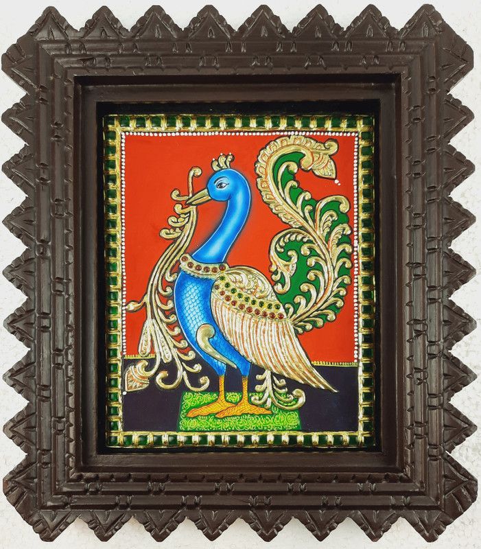 JlineArts Peacock Tanjore Painting, 22C Gold Foils Work, Teakwood Framed, Canvas 13 inch x 11 inch Painting  (With Frame)