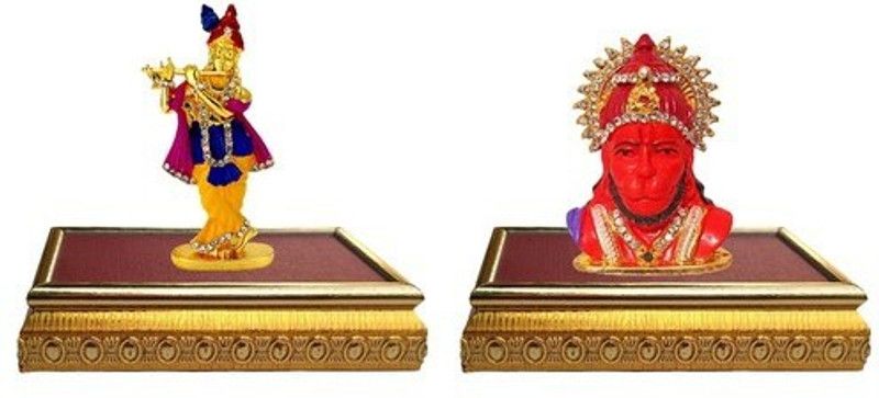 9facts Set of 2 with wooden base Lord Krishna Idol Krishan statue Showpiece& Lord Hanuman Mandir Home Decor God Statue Gift Item Decorative Showpiece Decorative Showpiece - 10 cm  (Brass, Multicolor)