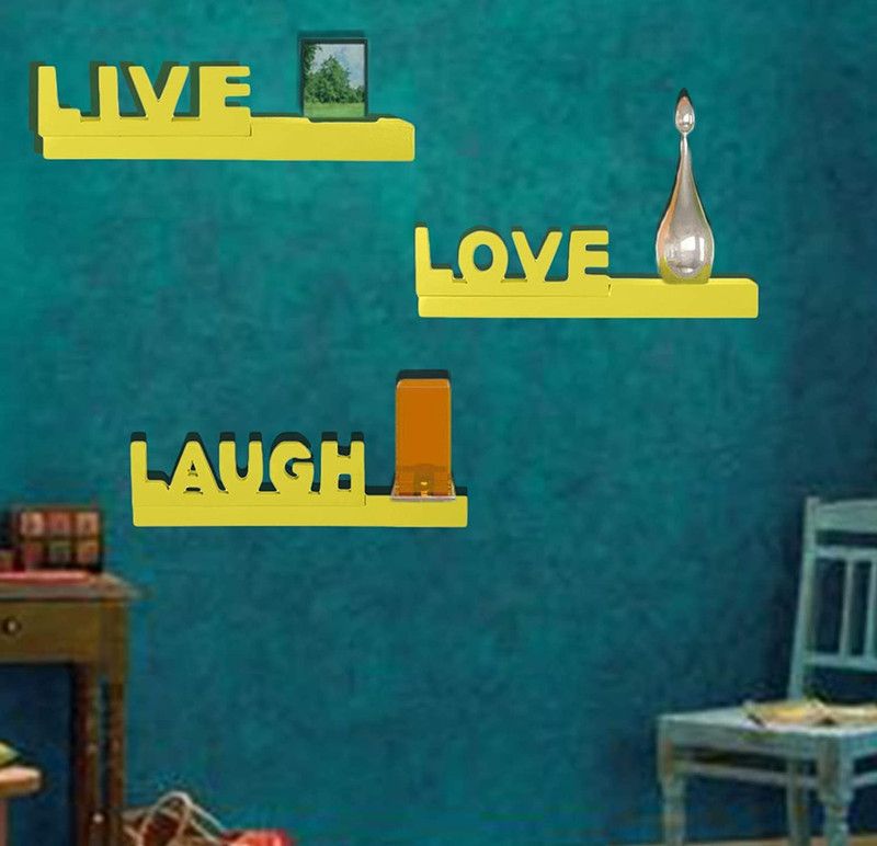 Domestic Point Live Love Laugh Shelf with 3 Decorative Shelves /Wall Shelve / Rack MDF (Medium Density Fiber) Wall Shelf  (Number of Shelves - 3, Yellow)