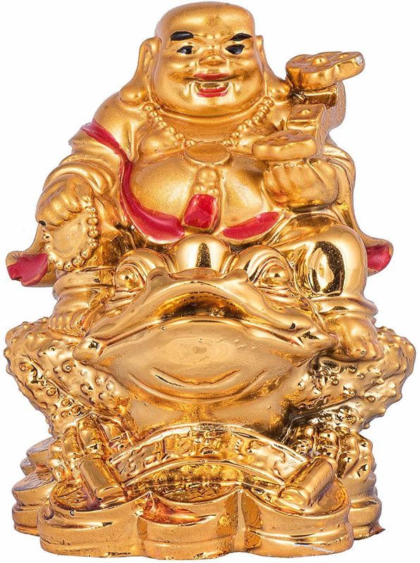 Pandit NM Shrimali Vastu/Feng Shui Laughing Buddha on Frog with Money for Wealth/Health/Success/Happiness/Home/Office/Decor Decorative Showpiece - 15 cm  (Ceramic, Gold)