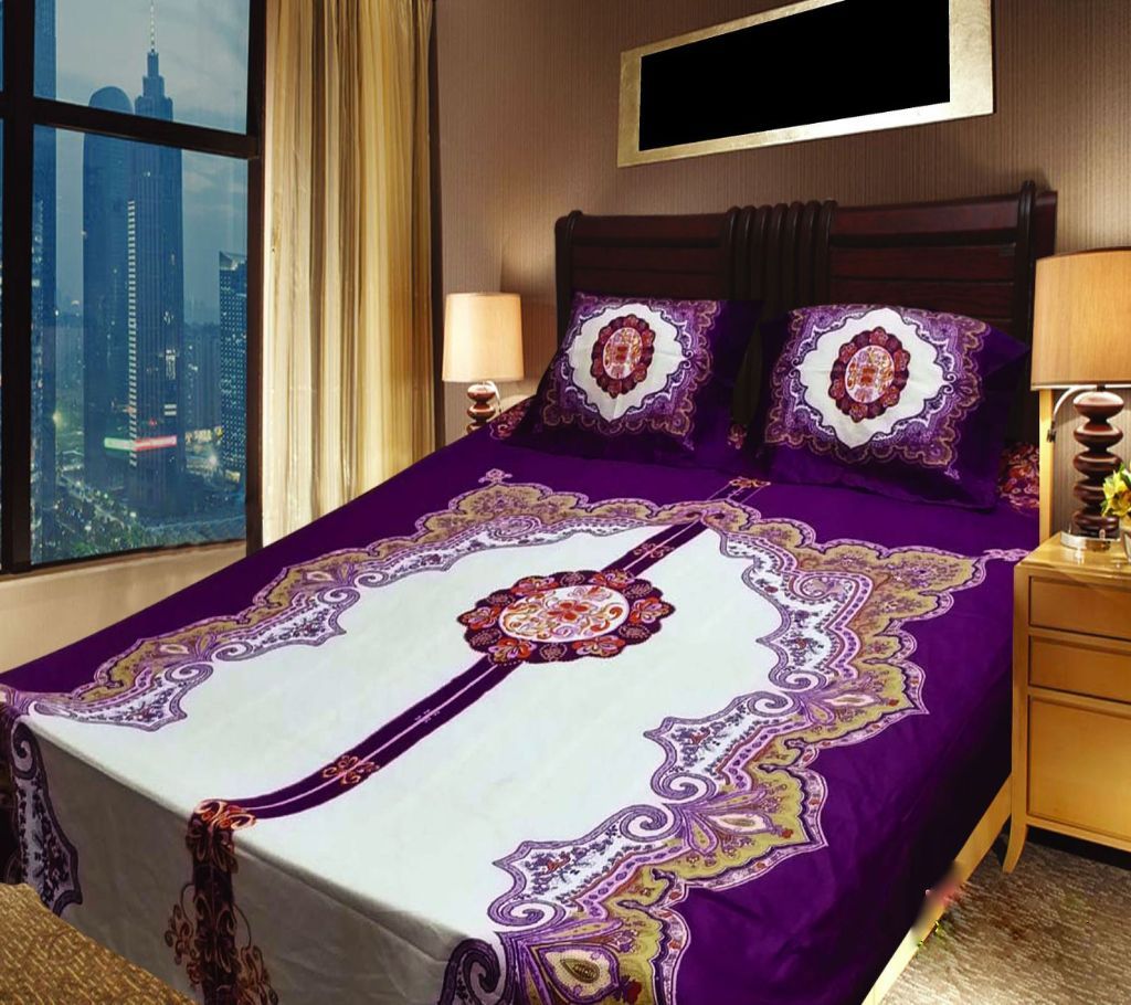 Panel Bedsheet - White & Violet -ANJ