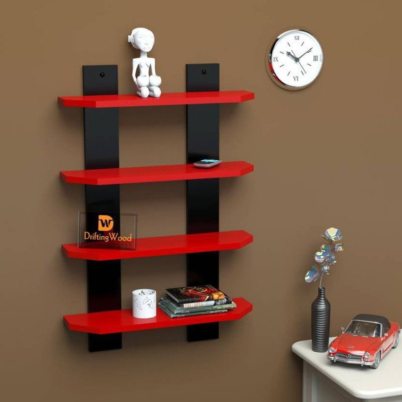 ONLINECRAFTS wooden double patti cut shelf rad black Wooden Wall Shelf  (Number of Shelves - 4, Black, Red)