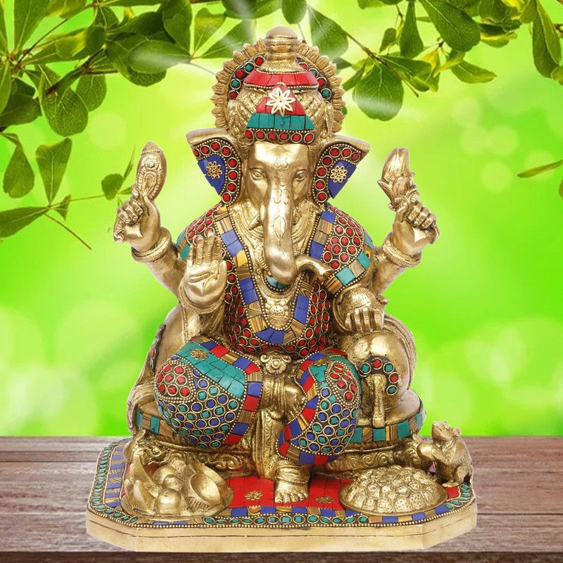 divineind Ganesha with Mooshak Ladoo and Fruit Plate Decorated with Stone Brass Decorative Showpiece - 30 cm  (Brass, Multicolor)