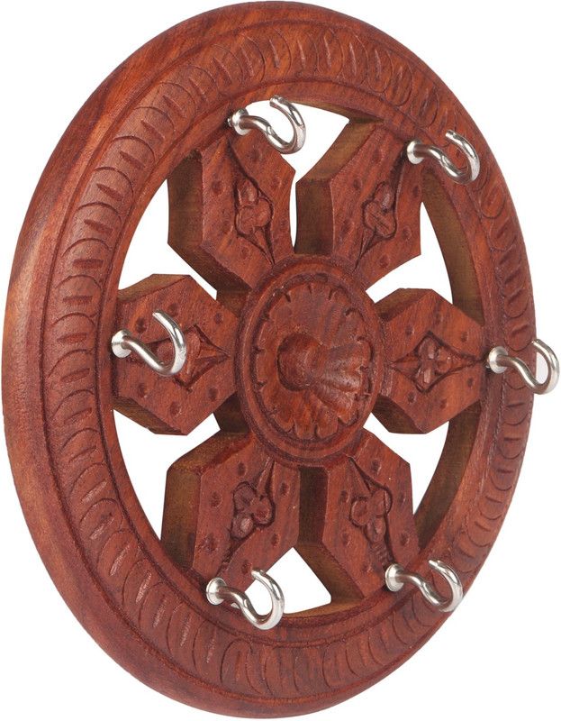WoodCart Wheel Carving 6 Inch H@ndmade Wood Key Holder  (6 Hooks, Brown)