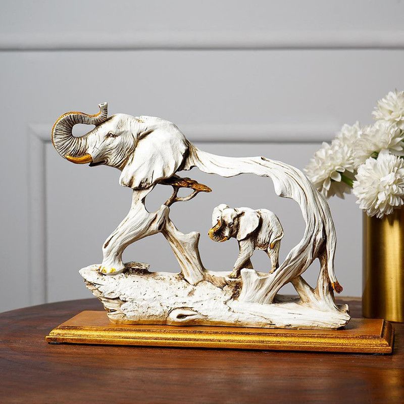 Craftomanic Elephant with Baby with Wooden Plate Showpiece for Drawing Room/Living Room/Home Decor/Animal Figurines/Running Horse Vastu Good Luck Decorative Showpiece - 21 cm  (Polyresin, White, Gold)