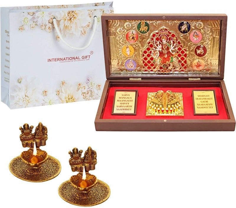 INTERNATIONAL GIFT Golden Maa Durga Mata With 2 Pcs Golden Laxmi Ganesh Diya Decorative Showpiece - 4 cm  (Gold Plated, Gold)