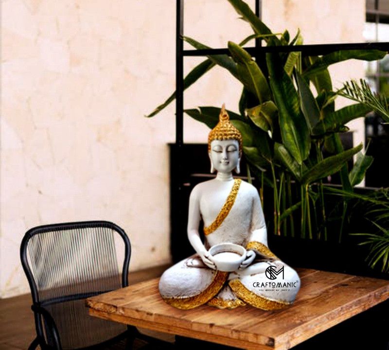 Craftomanic Meditating Buddha t -Light Holder Statue for Home Decor/Diya Samadhi Sculpture Decorative Showpiece - 23 cm  (Polyresin, White)