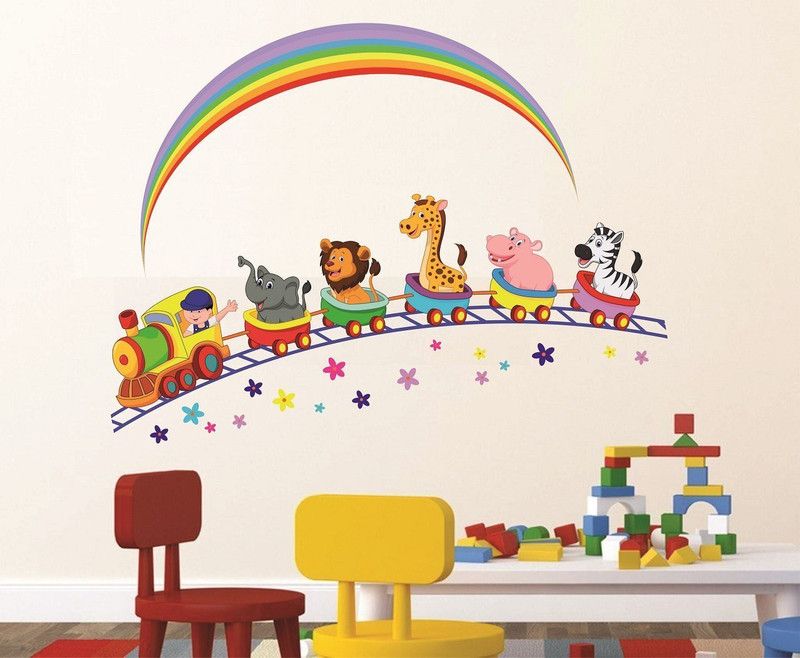 Asmi Collections 120 cm Animals Train and Rainbow Removable Sticker  (Pack of 1)