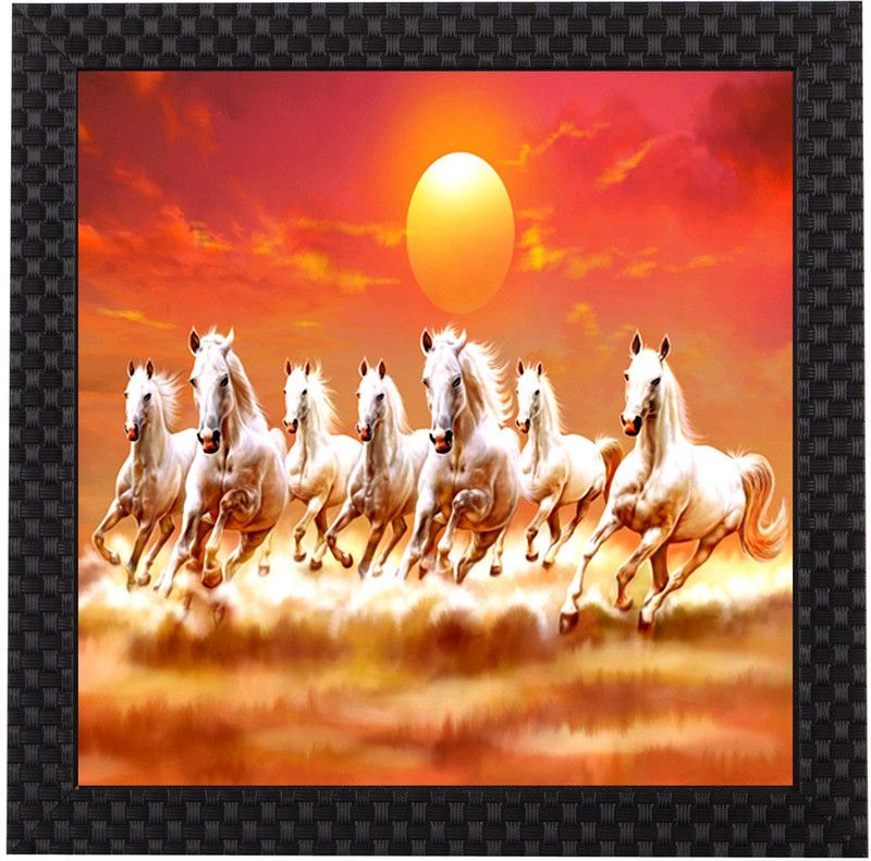 1A Art Street Seven Lucky Running Horses Framed Oil 12 inch x 12 inch Painting  (With Frame)