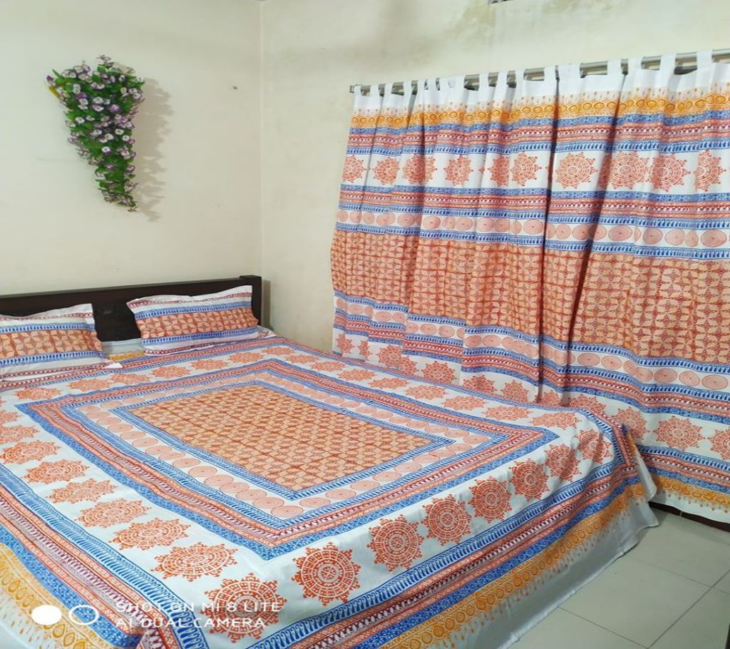 King Size Cotton Multi colors Block Printed Bed Sheet with Matching 2 Pillow Covers-7