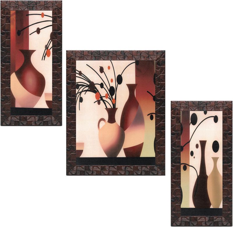 Indianara Set of 3 Flowers in Vases Framed Art Painting (1180GBNN) without glass Digital Reprint 13 inch x 10.2 inch Painting  (With Frame, Pack of 3)