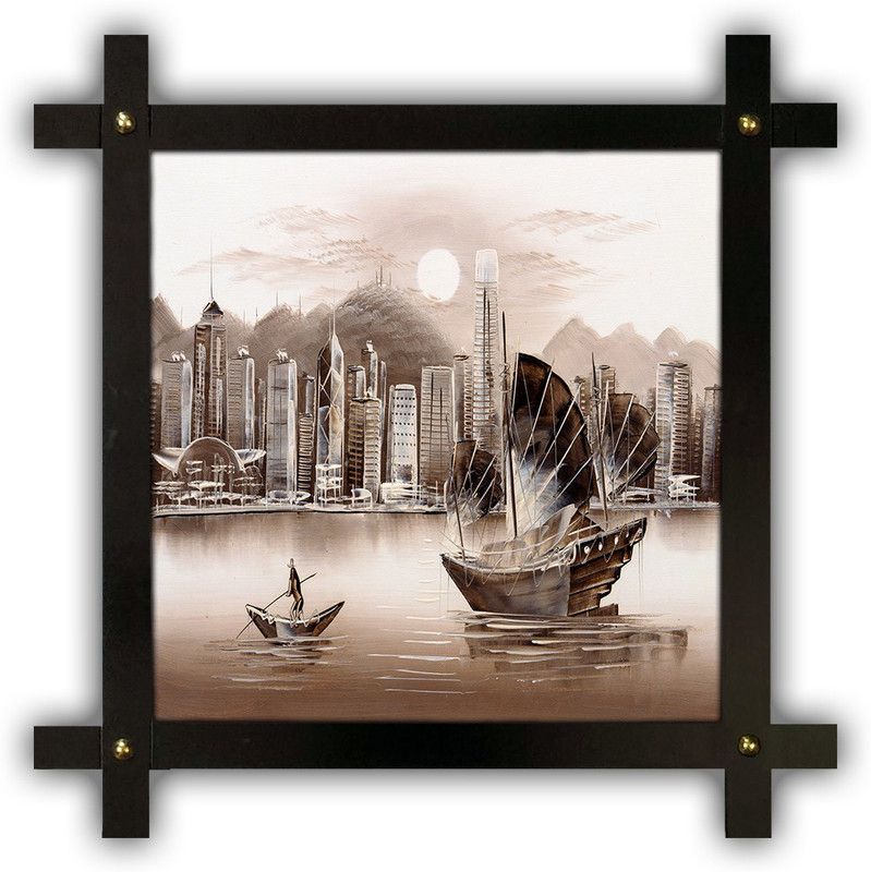 Poster N Frames Cross Wooden Frame Hand-Crafted with photo of Hand Painting Landscape Scenery 18096 Digital Reprint 16.5 inch x 16.5 inch Painting  (With Frame)