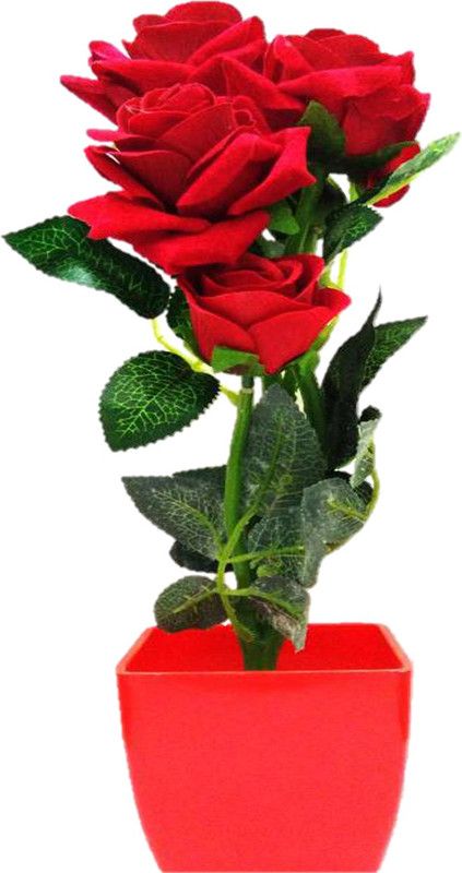 RASHMI CREATION rose Red Rose Artificial Flower with Pot  (12 inch, Pack of 5, Flower Bunch with Vase)