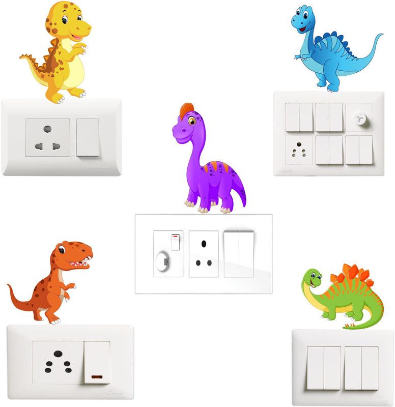 Sticker Hub 10 cm Switch Board Sticker - Cartoon Dinosaur Wall Decorative - Switch Panel Stickers Wall Sticker Set of 5 - Light Switch Sticker Self Adhesive Sticker  (Pack of 1)
