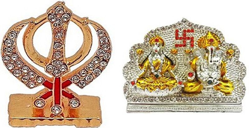 BEI Set of 2 Punjabi Khanda Idol Statue & Goddess lakshmi / Laxmi & Lord Ganesha Idol God Statue Gift Item Decorative Showpiece Decorative Showpiece - 7 cm  (Brass, Multicolor)