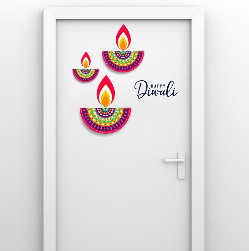 Psychedelic Collection 46 cm Multicolor diya happy diwali pvc vinyl multicolor decorative wall sticker for wall decoration size : 46 Cm X 56 Cm Self Adhesive Sticker  (Pack of 1)